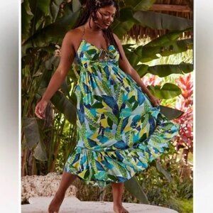 NEW Aerie Paradise Palm Print Beach Cut Out Maxi Dress XS